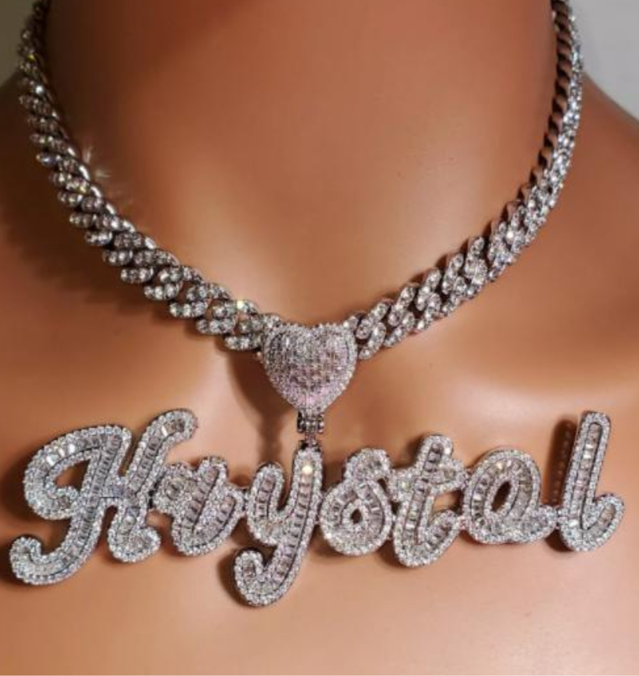 CUSTOMIZED Krystal Heart Name Chain ( Cuban Chain)